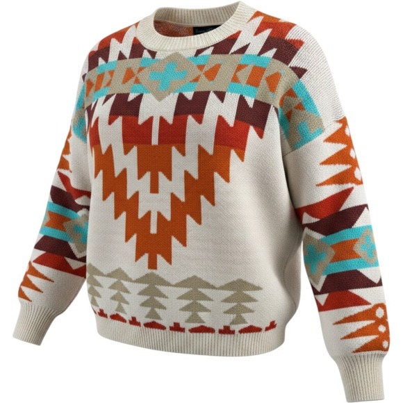 Sterling Kreek Sweaters - Sterling Kreek Womens Southwestern Geometric Crewneck Sweater Cream Soft 2XL